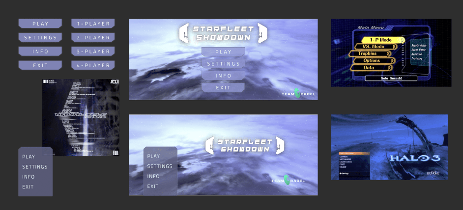 Main menu mockup. The reference/inspiration photos I used were a poster for Porter Robinson's "Virtual Self" Tour, and the main menus for Halo 3 and Super Smash Brothers Melee.