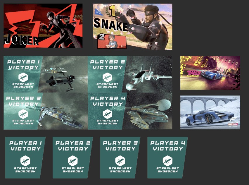 The mockups for the player victory screens that appear at the end of a game. My references here were Super Smash Brothers Ultimate and Persona 5, because I really liked how they show the winning player spilling over the UI. I also referenced portrait photos from driving simulation games such as Need for Speed and Forza: Horizon to get an idea of how to frame vehicles in a dynamic way.