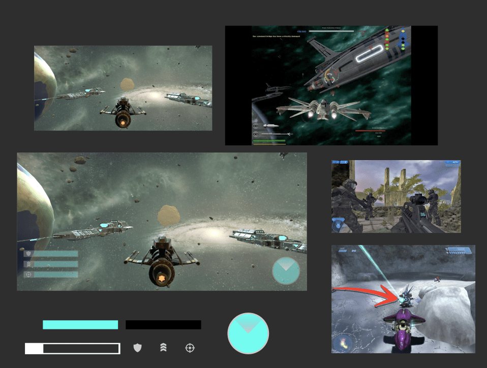 In game heads up display (HUD) mockup. I referenced Halo and Star Wars Battlefront II (2005) to get the sci-fi aesthetic.