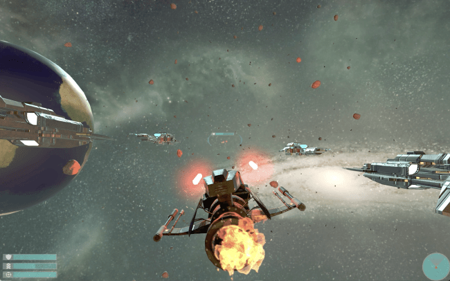 An in-game single player screenshot. Without the ships or asteroids (or even the planet in the background on the left), the player has no idea which way is up and down.