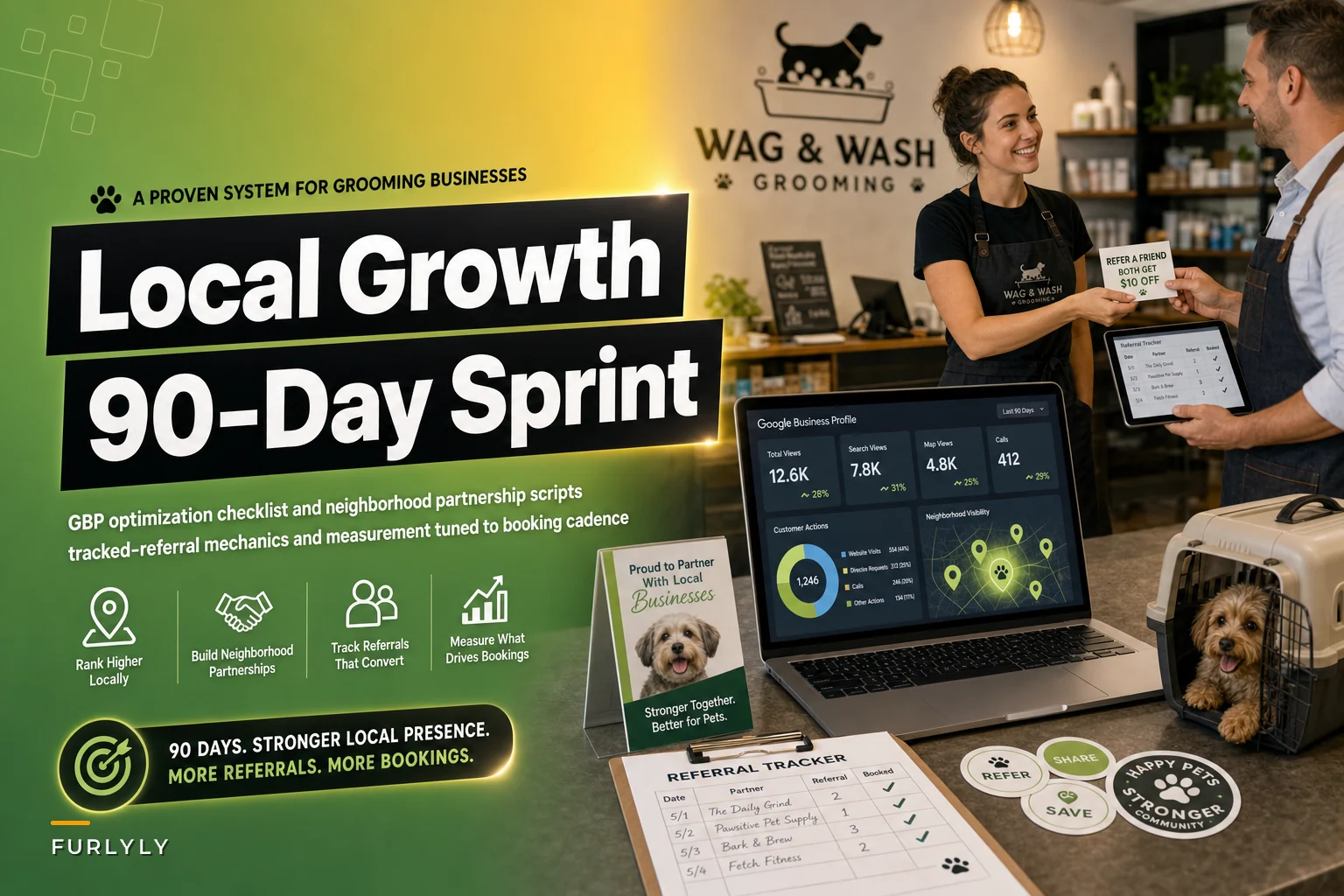 90‑Day Local Growth Sprint for Groomers: GBP Optimization, Neighborhood Partnerships and Tracked Referrals