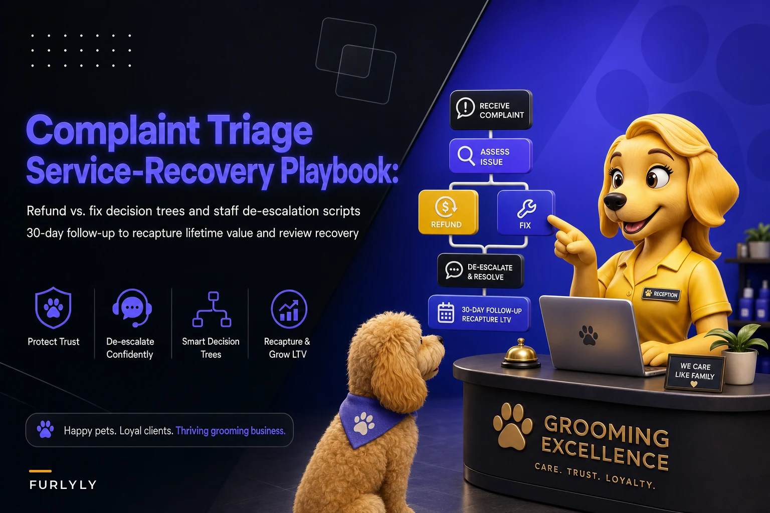 Complaint Triage and Service-Recovery Playbook for Groomers: Scripts, Decision Trees and a 30-Day Follow-Up Sequence
