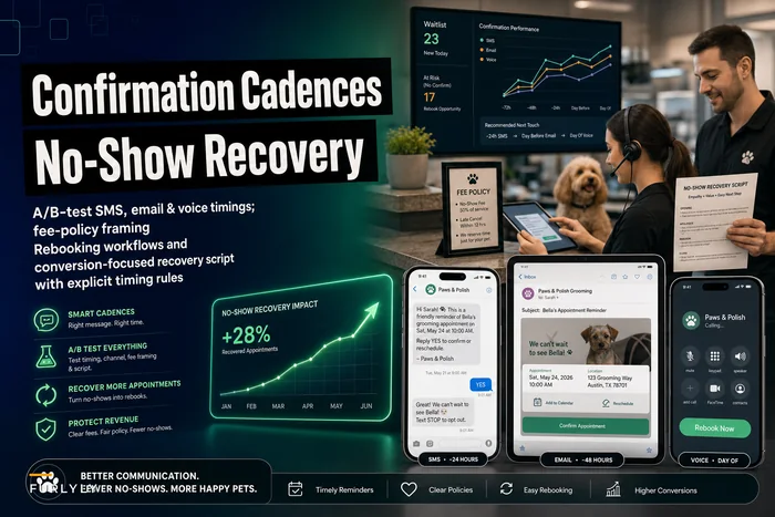 Confirmation Cadences and No‑Show Recovery for Groomers: A/B Testable SMS/Email Timings, Fee Framing and a Recovery Script