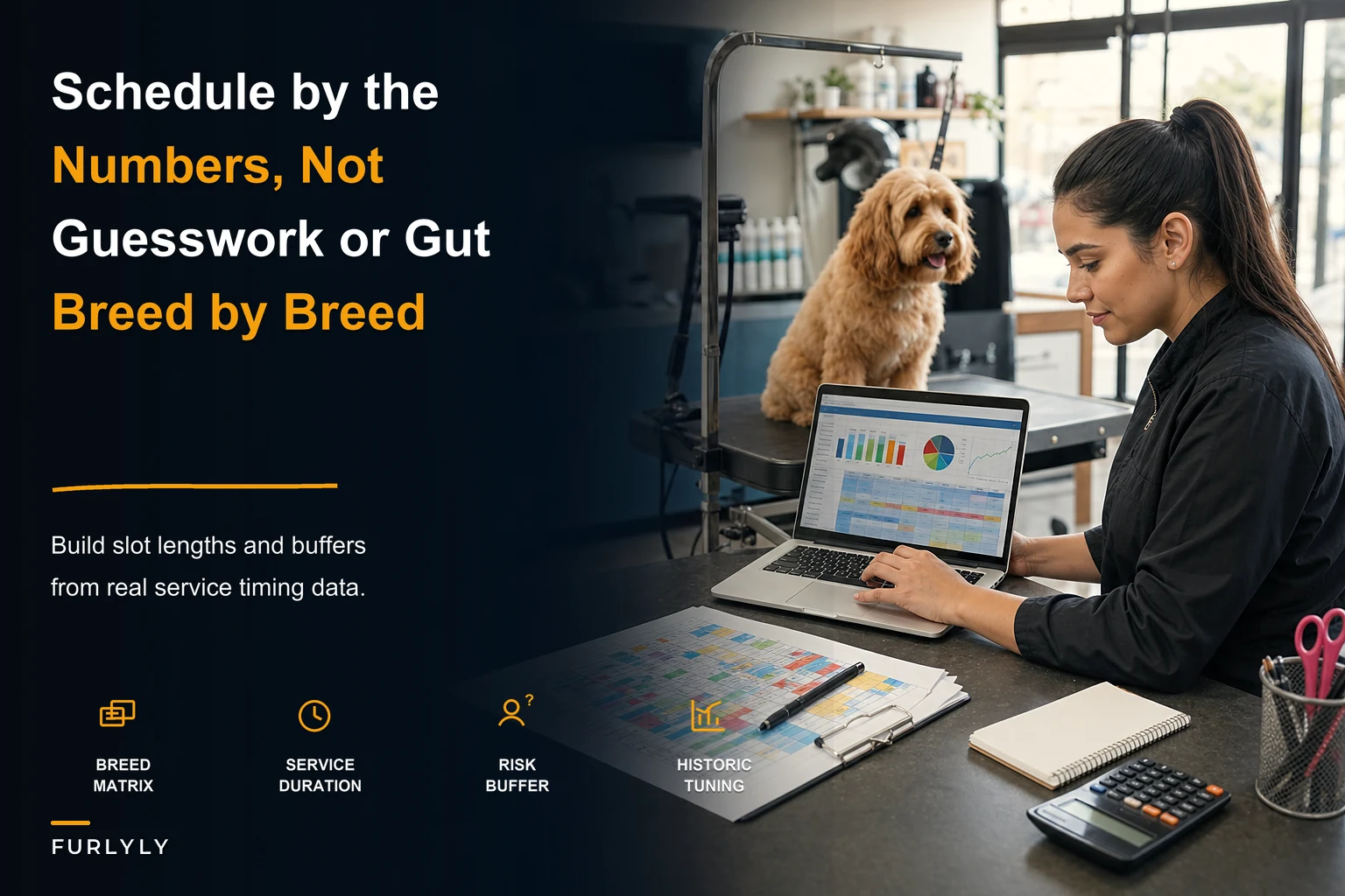Data‑Driven Scheduling for Groomers: Capacity Formulas, Breed Time Matrices and Buffer Rules