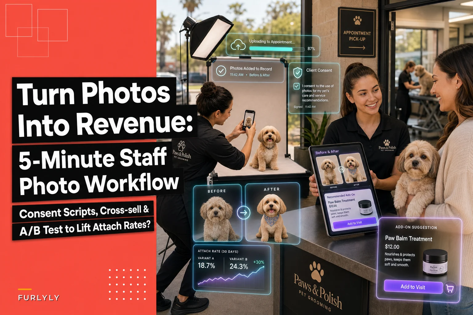 Turn Before/After Photos into Sales: A 5‑Minute Staff Photo Workflow and A/B Test Template to Lift Attach Rates
