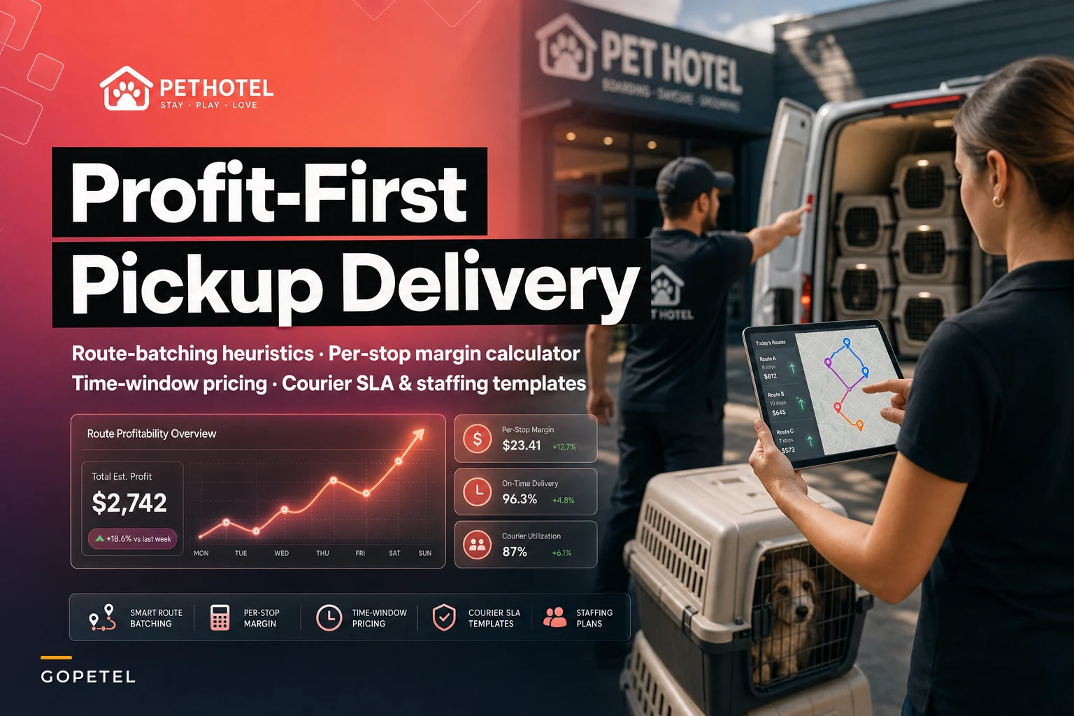 A profit-first pickup & delivery playbook for pet hotels: route-batching heuristics, per-stop margin and courier SLAs
