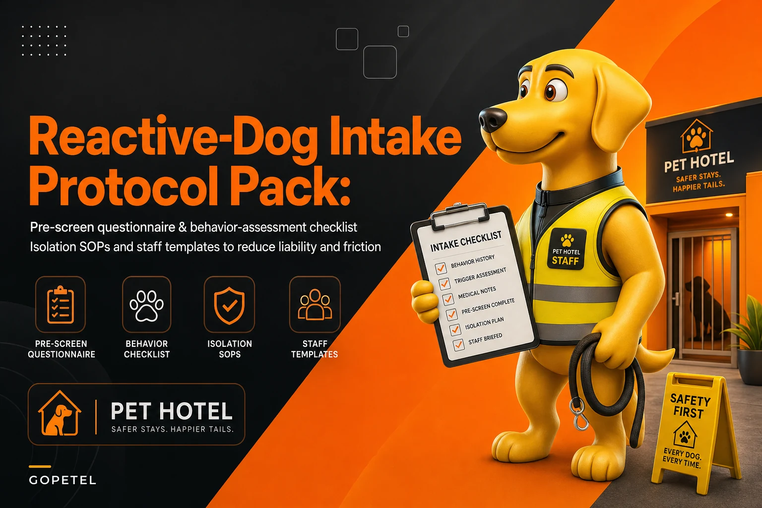 Reactive-dog intake protocol: pre-screen questionnaire, behavior-assessment checklist and isolation SOPs