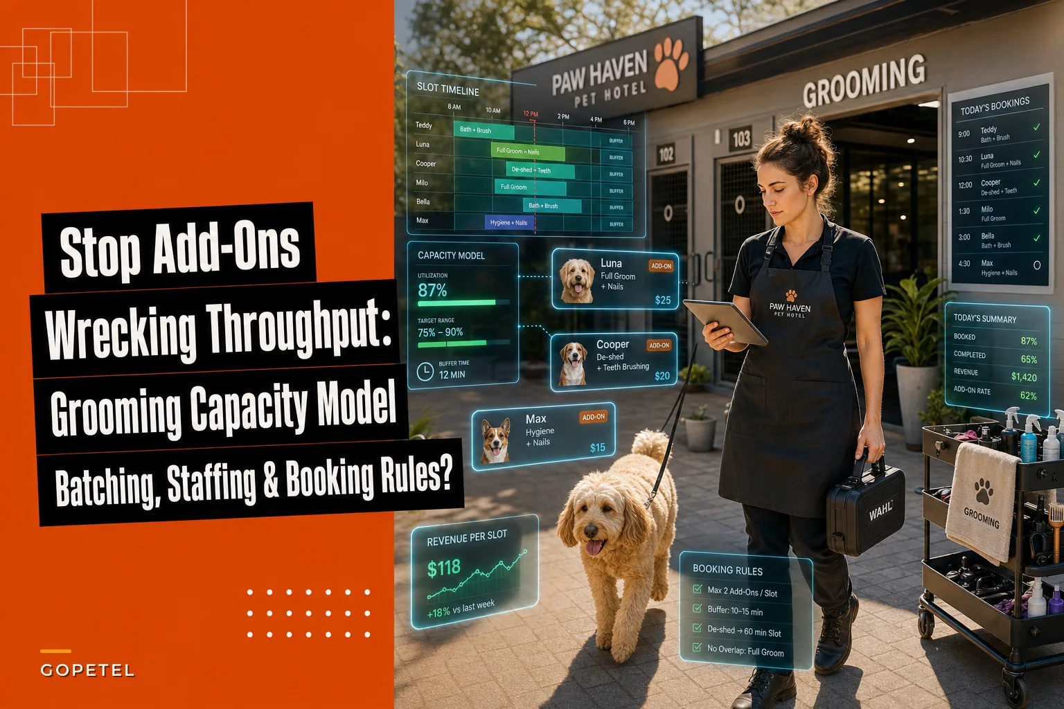 Stop add-ons from wrecking throughput: a grooming capacity model and booking rules for pet hotels