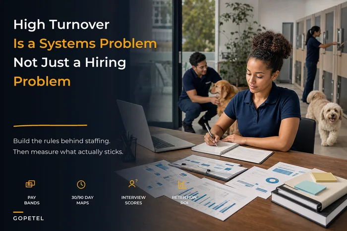 Turn high turnover into predictable staffing: a people-ops playbook for pet hotels with pay bands, competency maps and ROI rules