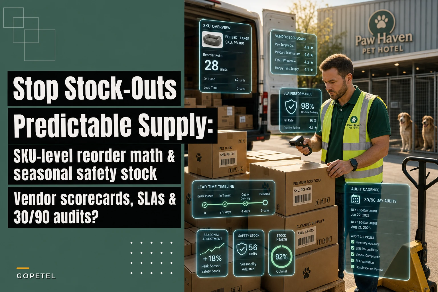 Turn stock-outs into predictable supply: an inventory & procurement playbook for pet hotels with SKU-level reorder math and vendor scorecards