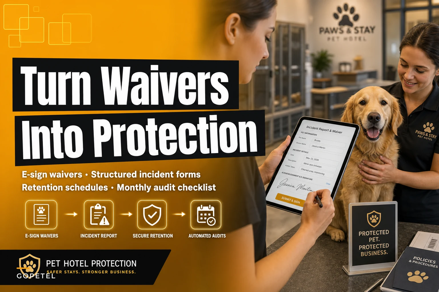 Turn waivers into protection: an incident-reporting, e-sign and retention workflow for pet hotels