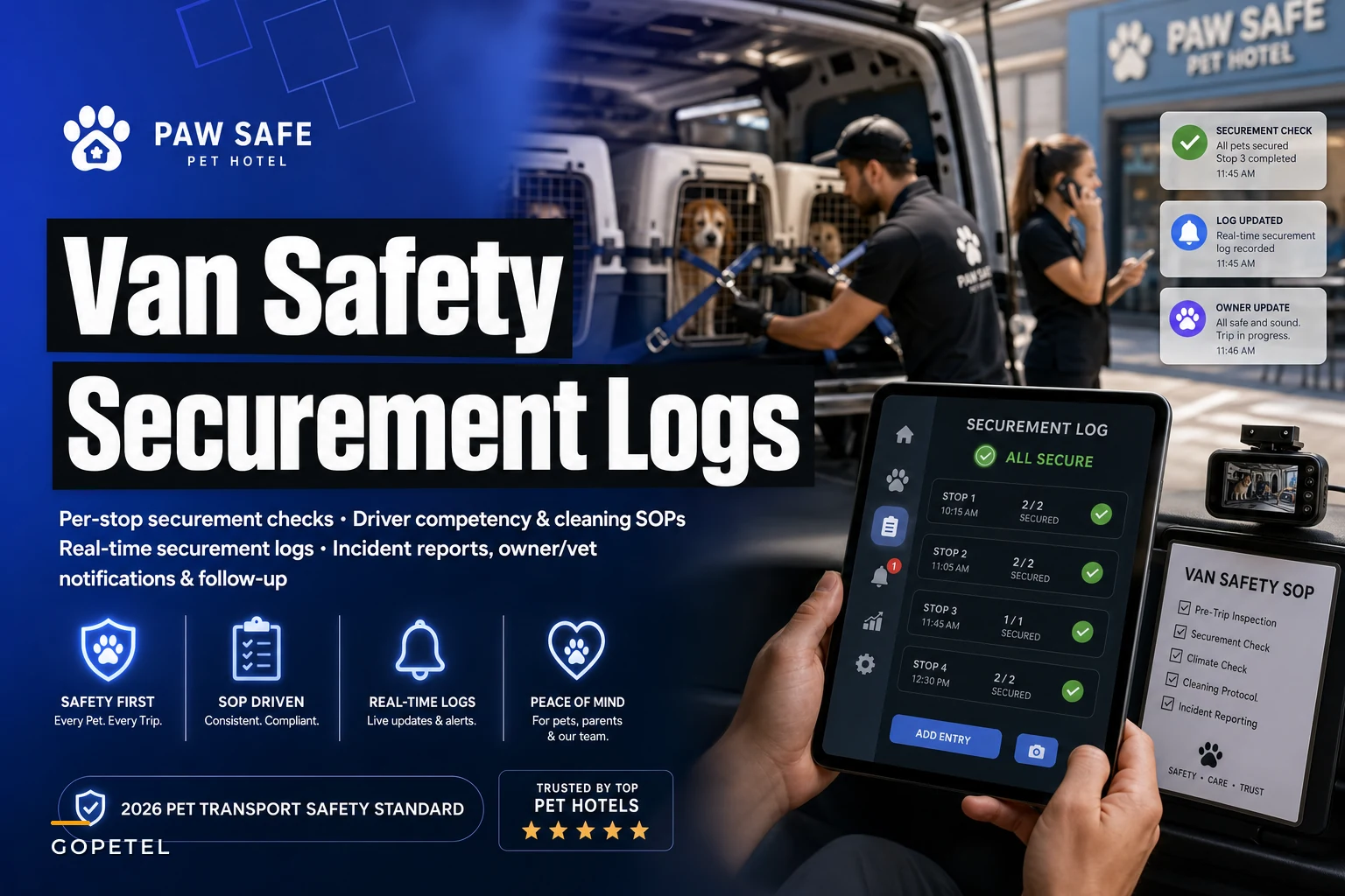 Van transport safety SOPs for pet hotels with securement and logs