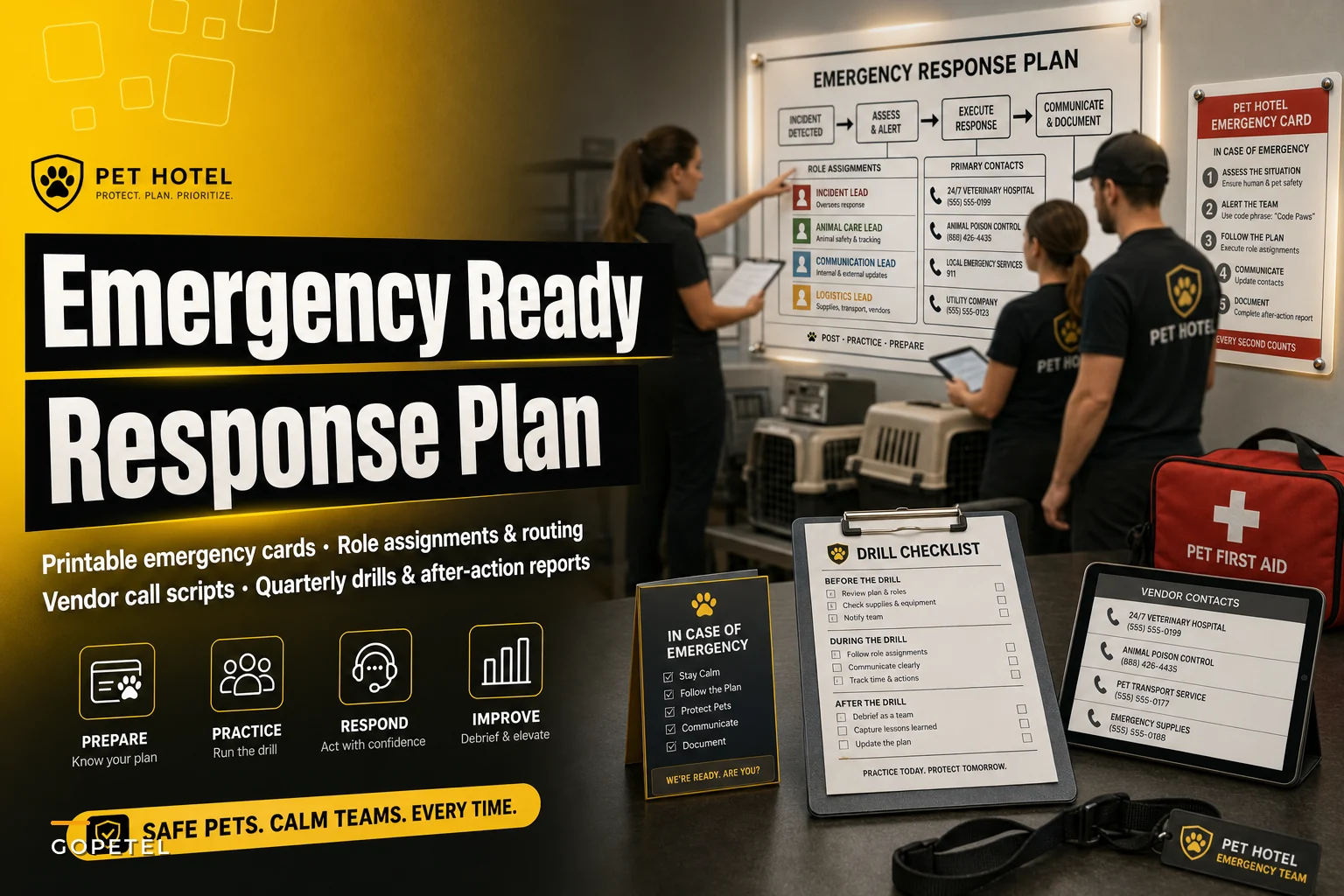 When a pet emergency hits: a ready-to-print response plan, vendor scripts and quarterly drill cadence