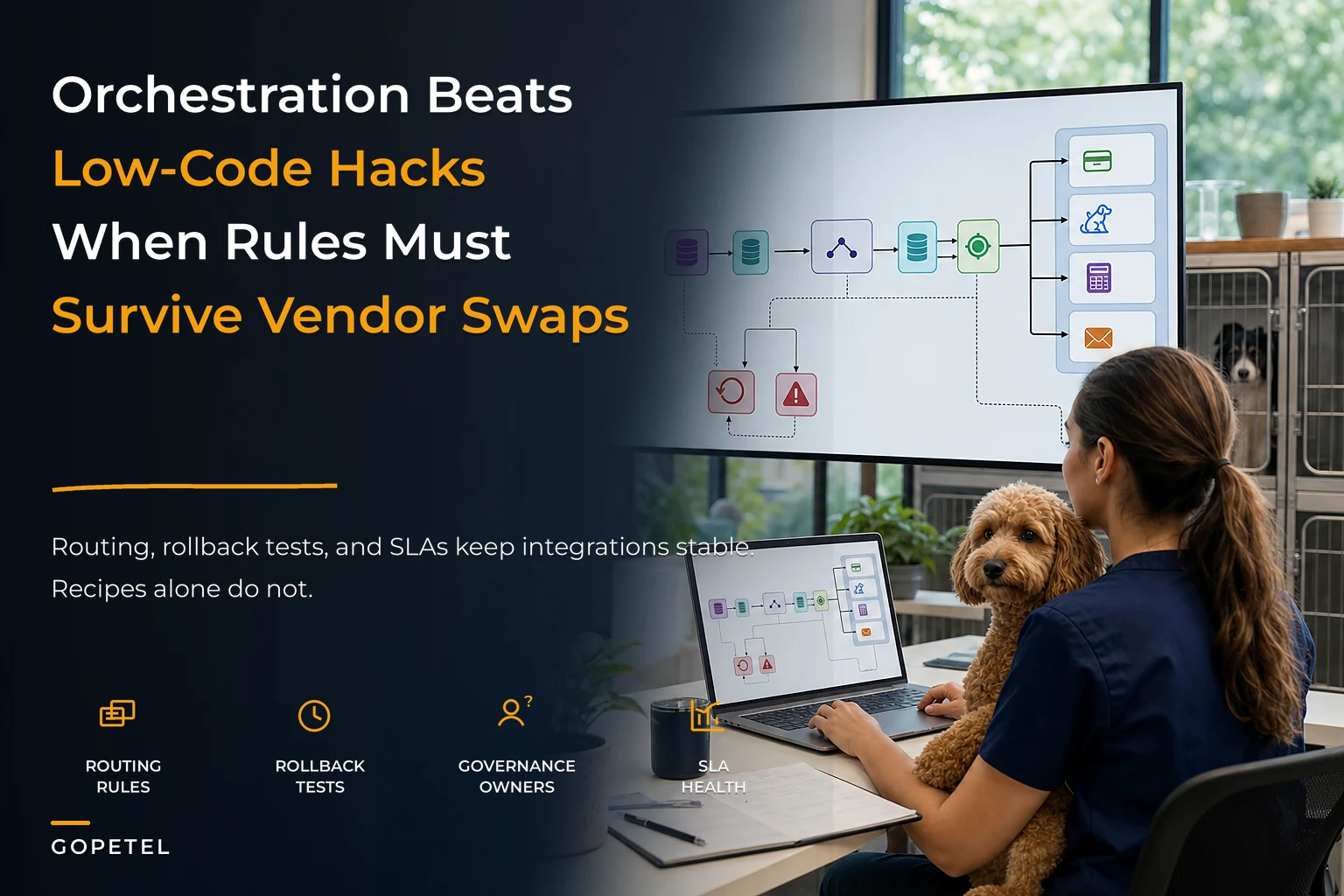 Why orchestration beats low-code hacks: a vendor-agnostic integration playbook for pet hotels
