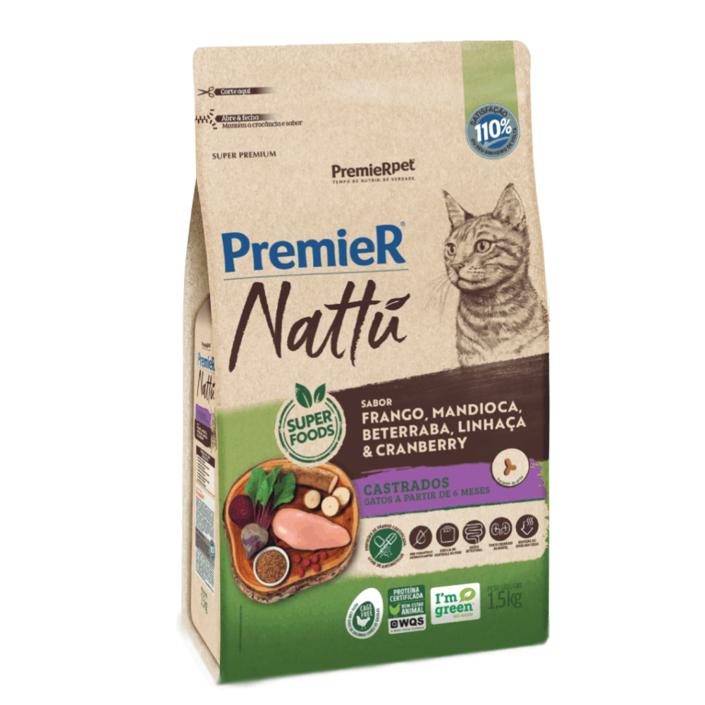 Ração Premier Nattu Gatos Adultos Castrados Mandioca 1.50kg