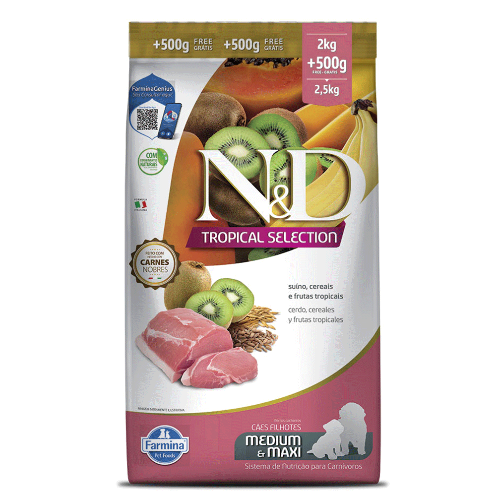 Ração N&D Tropical Selection Cães Puppy Medium E Maxi Suíno 2kg + Grátis 500g
