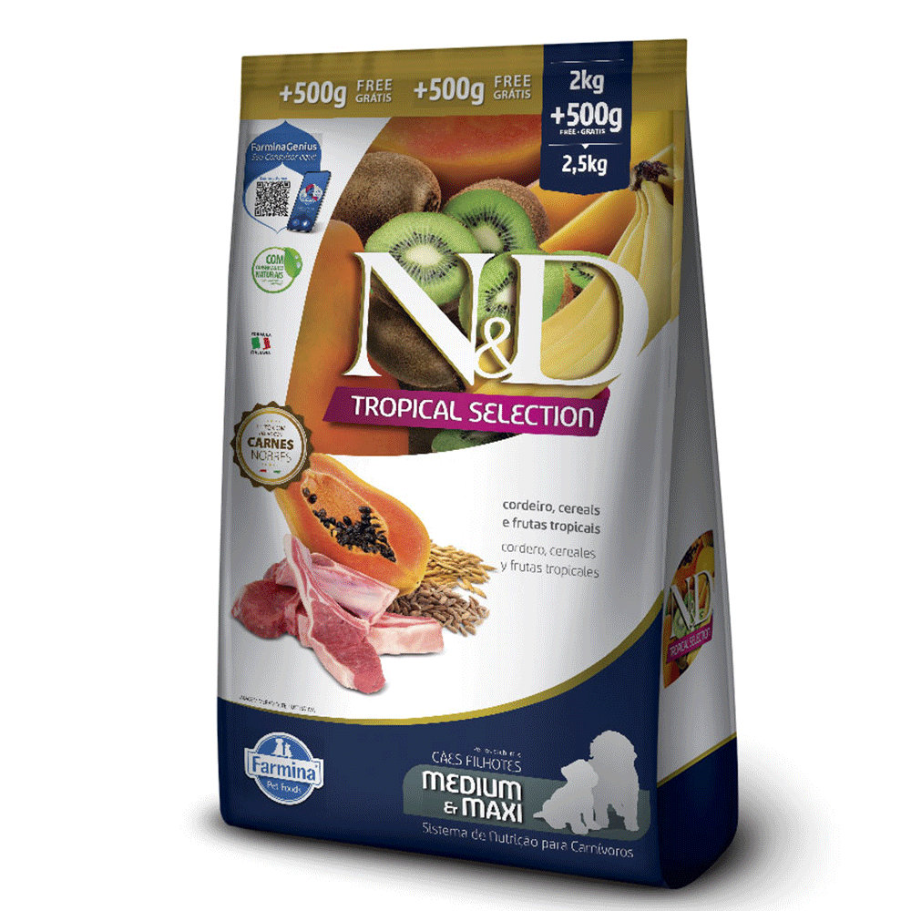 Ração N&D Tropical Selection Cães Puppy Medium E Maxi Cordeiro 2kg + Grátis 500g