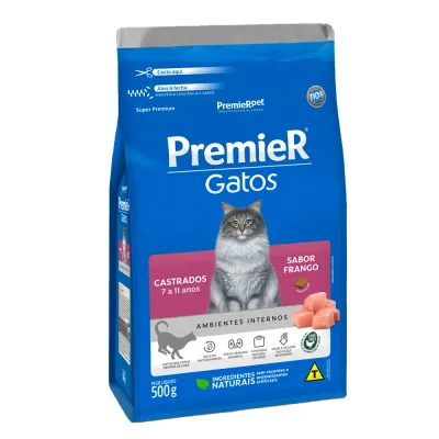 Ração Premier Ambientes Internos Gatos Castrados 7 A 11 Anos Frango 500g