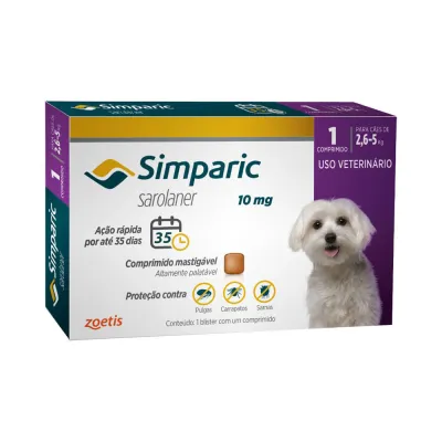 Antipulgas Simparic 10mg Para Cães 2,6 A 5kg 1 Comprimido