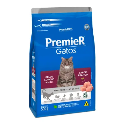 Ração Premier Ambientes Internos Gatos Adultos Pelos Longos Frango 500g