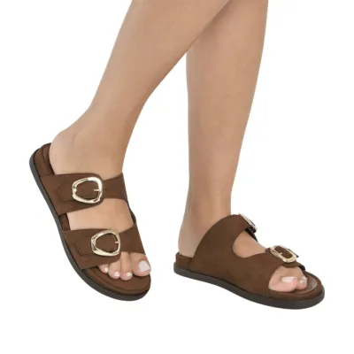 Rasteira Via Marte Papete Femina Com Maxi Fivelas Marrom 374-002