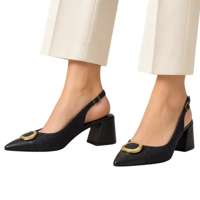 Sapato Usaflex Chanel Feminino Bico Fino Bloco Médio Fivela-preto Ak0204