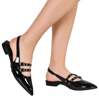 Sapatilha Via Marte Slingback Premium Feminina Com Fivelas Cravejadas - Preta 144-002