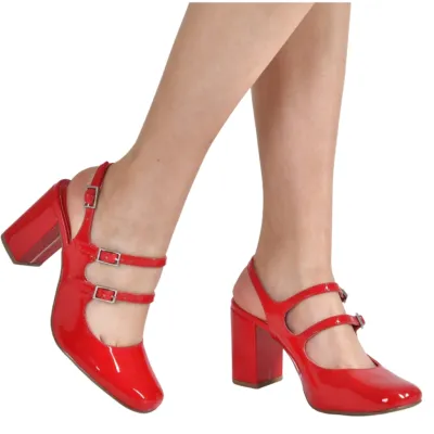 Sapato Via Marte Boneca Slingback Salto Bloco Médio Verniz-vermelho 062-005