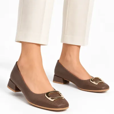 Scarpin Usaflex Salto Bloco Couro Fivela-chocolate Al2601