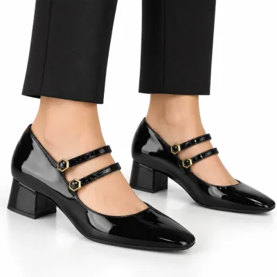 Sapato Bebece Mary Jane Feminino Salto Baixo Com Fivelas Verniz-preto 4618326