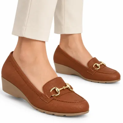 Sapato Modare Anabela Feminino Casual Ultraconforto Floter Nature Com Fivela Metalizada-camel Sd7392.102.21736