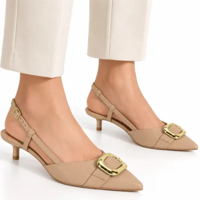 Sapato Vizzano Scarpin Slingback Feminino Salto Baixo Fivela Dourada-bege 1441.101
