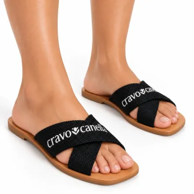 Rasteira Cravo E Canella Feminina Tiras Cruzadas-preto/caramelo 2428cc