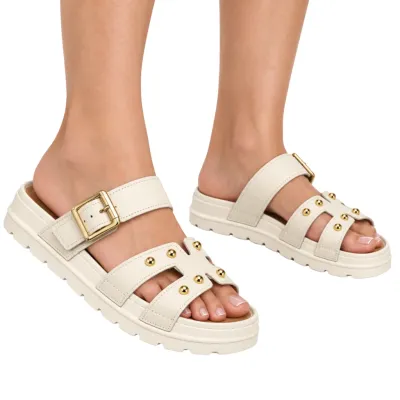 Chinelo Pegada Papete Feminino Couro Detalhes Metalizados Levitech - Bege 234708-01
