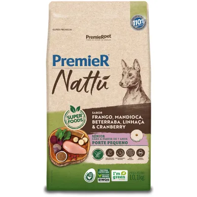 Ração Premier Nattu Para Cães Sênior De Porte Pequeno Sabor Mandioca 10.1kg