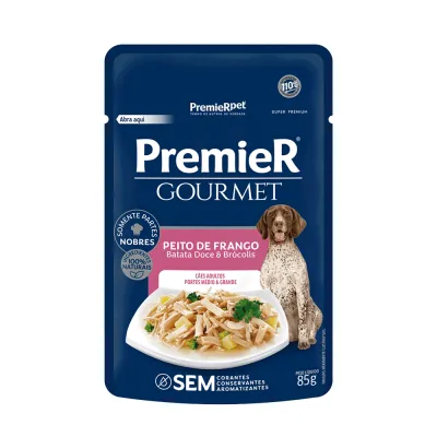 Ração Úmida Premier Gourmet Cães Adultos Portes Médio E Grande Peito De Frango, Batata Doce E Brócolis 85g