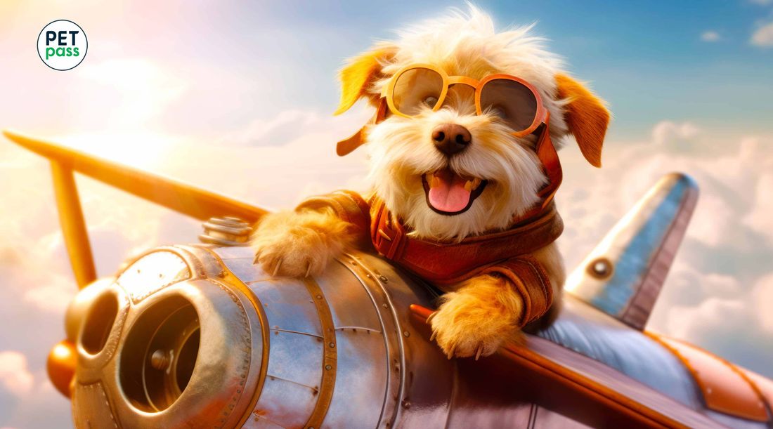 Perro feliz con gafas de aviador disfrutando de un vuelo en un avión antiguo.