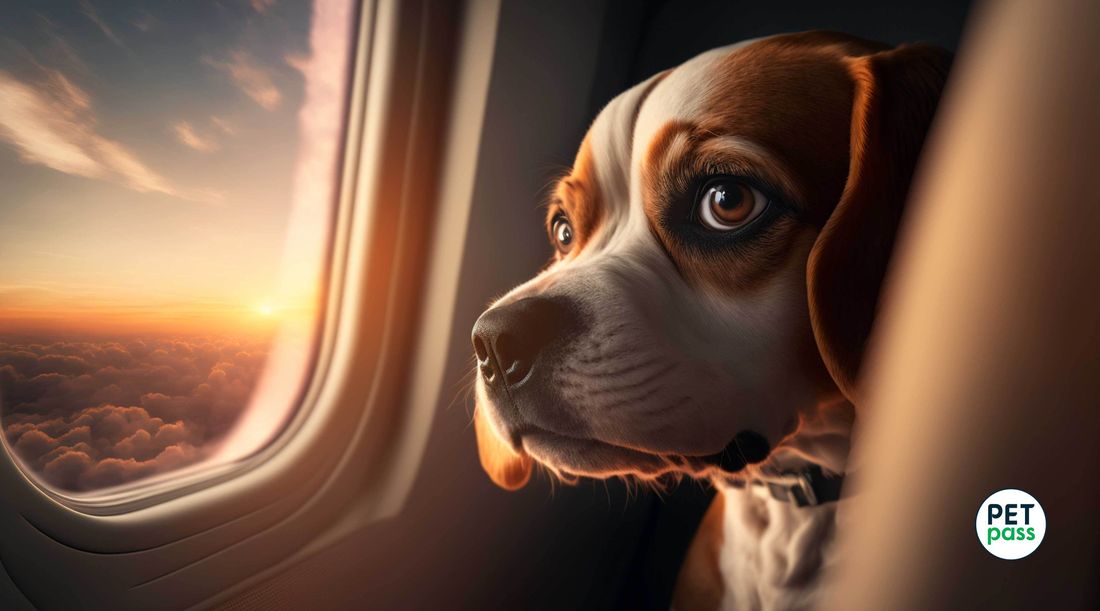 Perro mirando por la ventana de un avión durante un vuelo al atardecer. Ideal para viajar con tu mascota en avión.