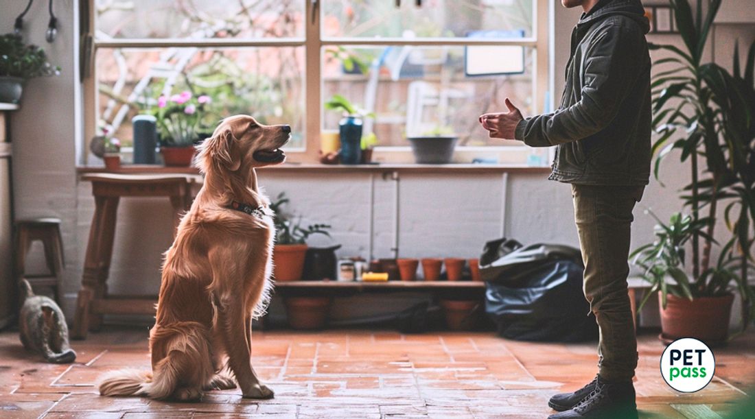 Un hombre con su perro en el salón, él le da órdenes y el perro está sentado esperando que el dueño le diga algo.