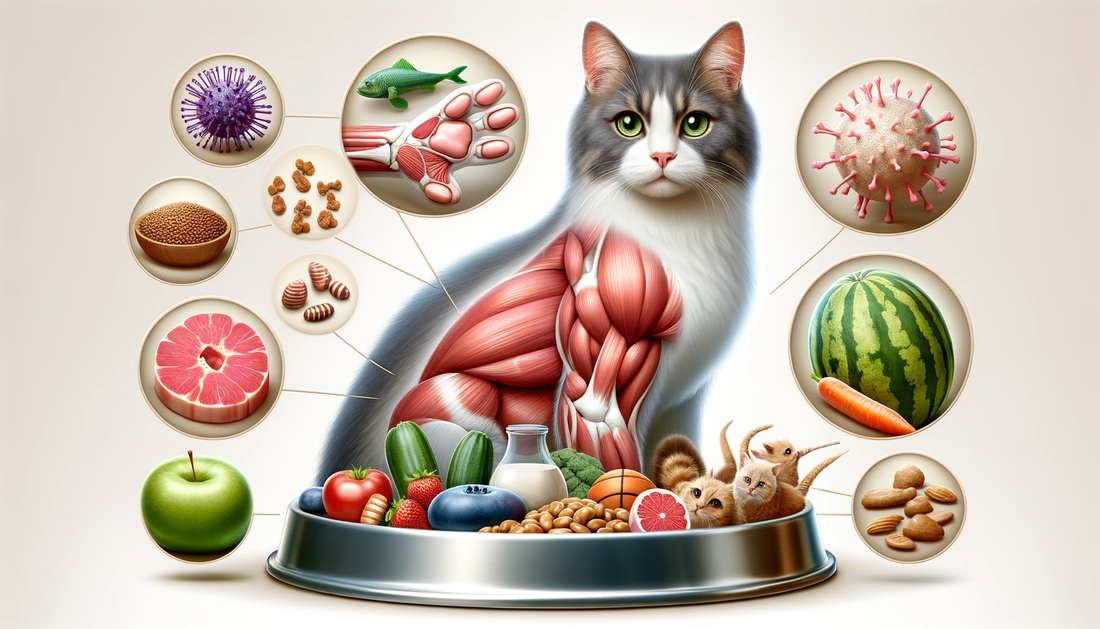 La imagen muestra un gato con varias burbujas alrededor que contienen diferentes elementos. Estos elementos incluyen alimentos como pescado, carne, frutas, vegetales, y otros como virus y bacterias. La ilustración parece destacar la relación entre la dieta y la salud del gato, mostrando el impacto de diversos tipos de alimentos en diferentes partes de su cuerpo, como los músculos.