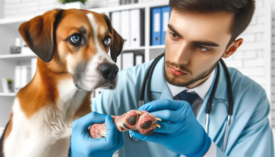  En la imagen se puede ver a un veterinario examinando con detenimiento la pata de un perro, prestando especial atención a la piel inflamada y las uñas. La expresión del veterinario es seria y concentrada, reflejando su preocupación por el estado del animal. El entorno es una clínica veterinaria, con estantes y equipos médicos visibles en el fondo. El perro muestra signos visibles de incomodidad debido a la inflamación en su pata, lo que subraya la importancia de una atención veterinaria adecuada y la detección temprana de posibles enfermedades.