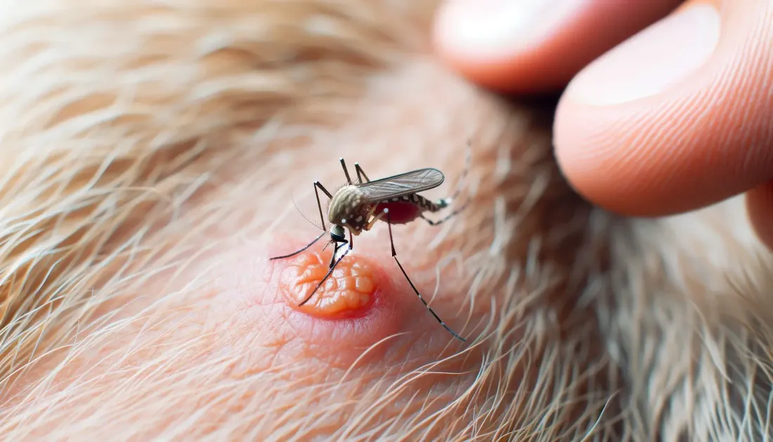 Primer plano de un mosquito flebótomo picando la piel de un perro, mostrando claramente la acción del mosquito y la inflamación alrededor de la picadura. Esta imagen ilustra cómo se transmite la leishmaniasis, una enfermedad grave que afecta a los perros y que es transmitida por estos mosquitos.