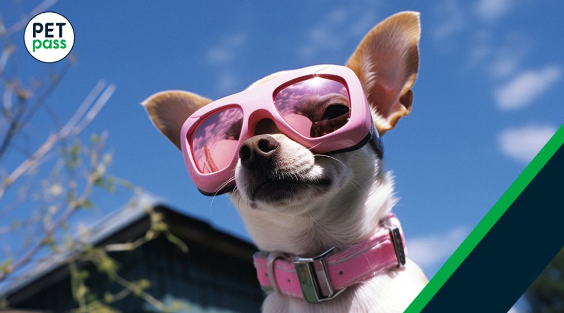 Un perro pequeño con gafas de sol rosadas y un collar rosado disfruta al aire libre, bajo un cielo azul, reflejando el espíritu divertido y aventurero de las vacaciones con mascotas.chiguagua