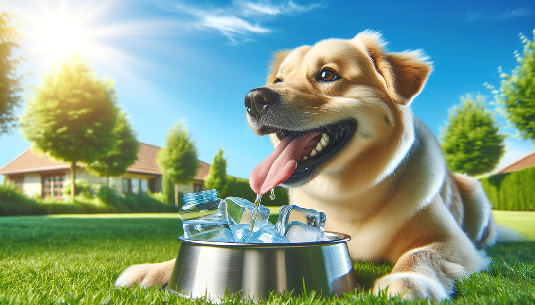 Que mejor Alimentación de tu Perro en Verano que un cuenco con cubitos de hielo para que se refresque, colocado al aire libre en un día soleado de verano, con un césped verde y un cielo azul brillante.