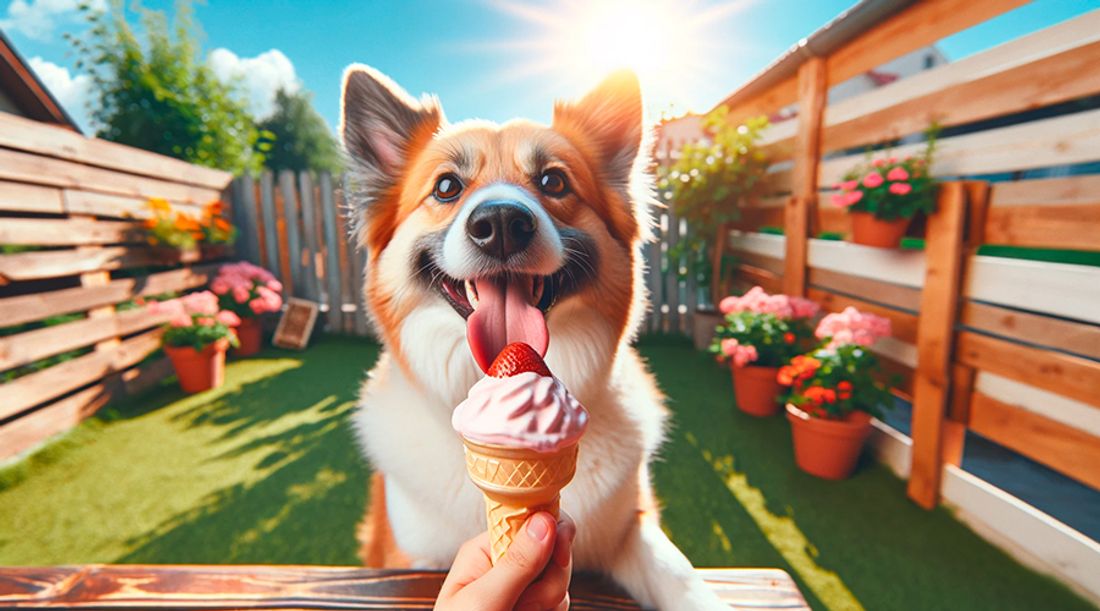 Un perro disfrutando de un helado casero en un día caluroso de verano, en un jardín con césped verde y algunas flores coloridas, bajo un cielo despejado y soleado.