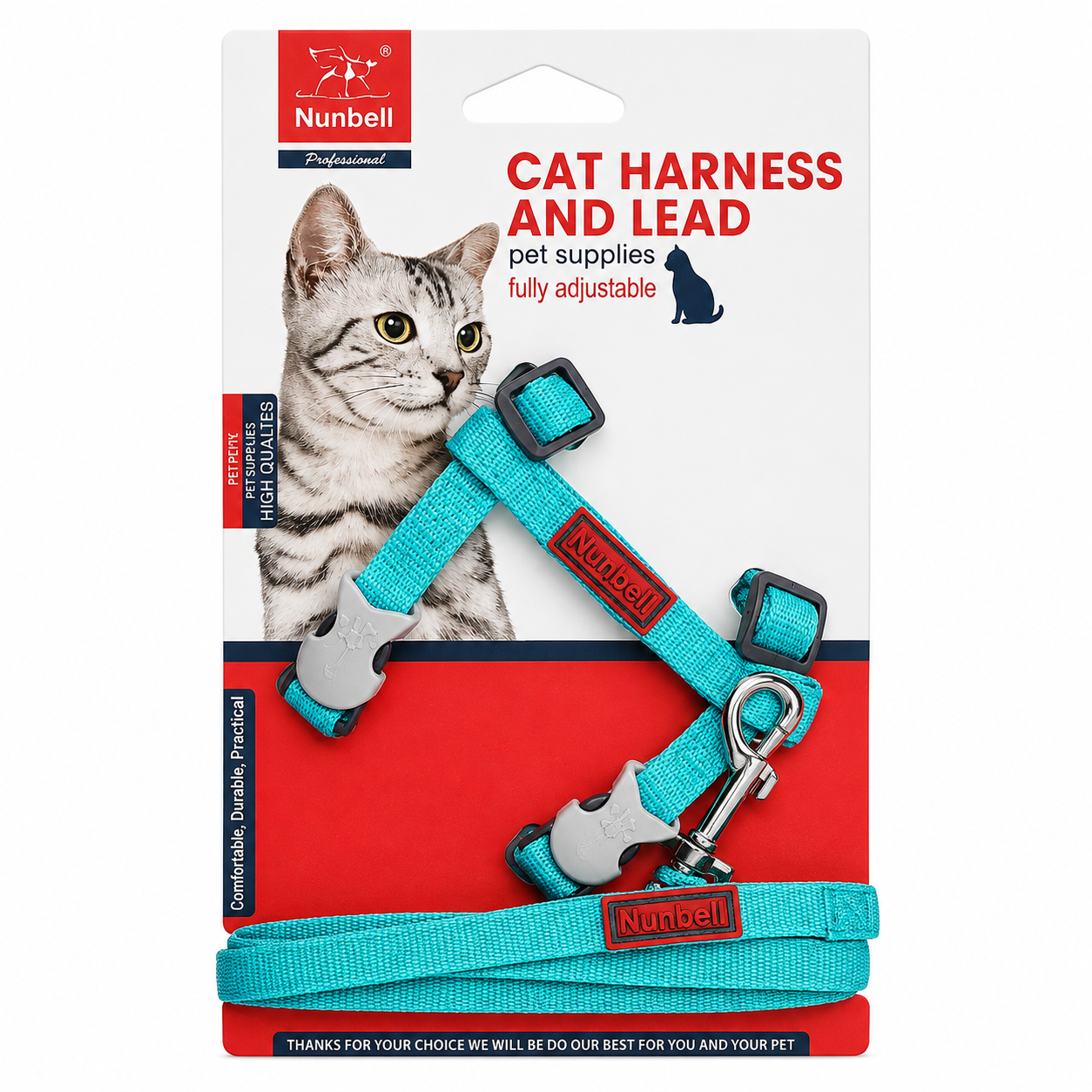 Nunbell harness & leash turquoise fish lock for cat