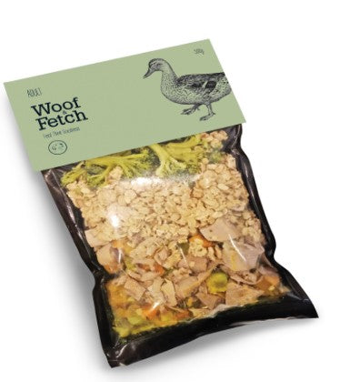 gourmet woof & fetch frozen wet dog food with duck 500gm
