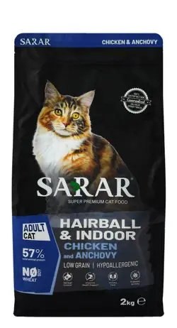 Sarar Hypoallergenic Hairball Control Dry Food with Chicken & Anchovy for Long Hair & Indoor Adult Cats 2KG