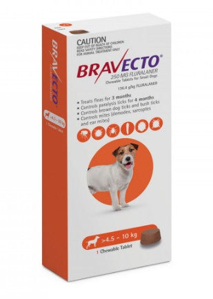 Bravecto 250mg Fluralaner Anti-Flea & Tick Chewable Tablets for Small Dogs (4.5-10kg)1 tablets