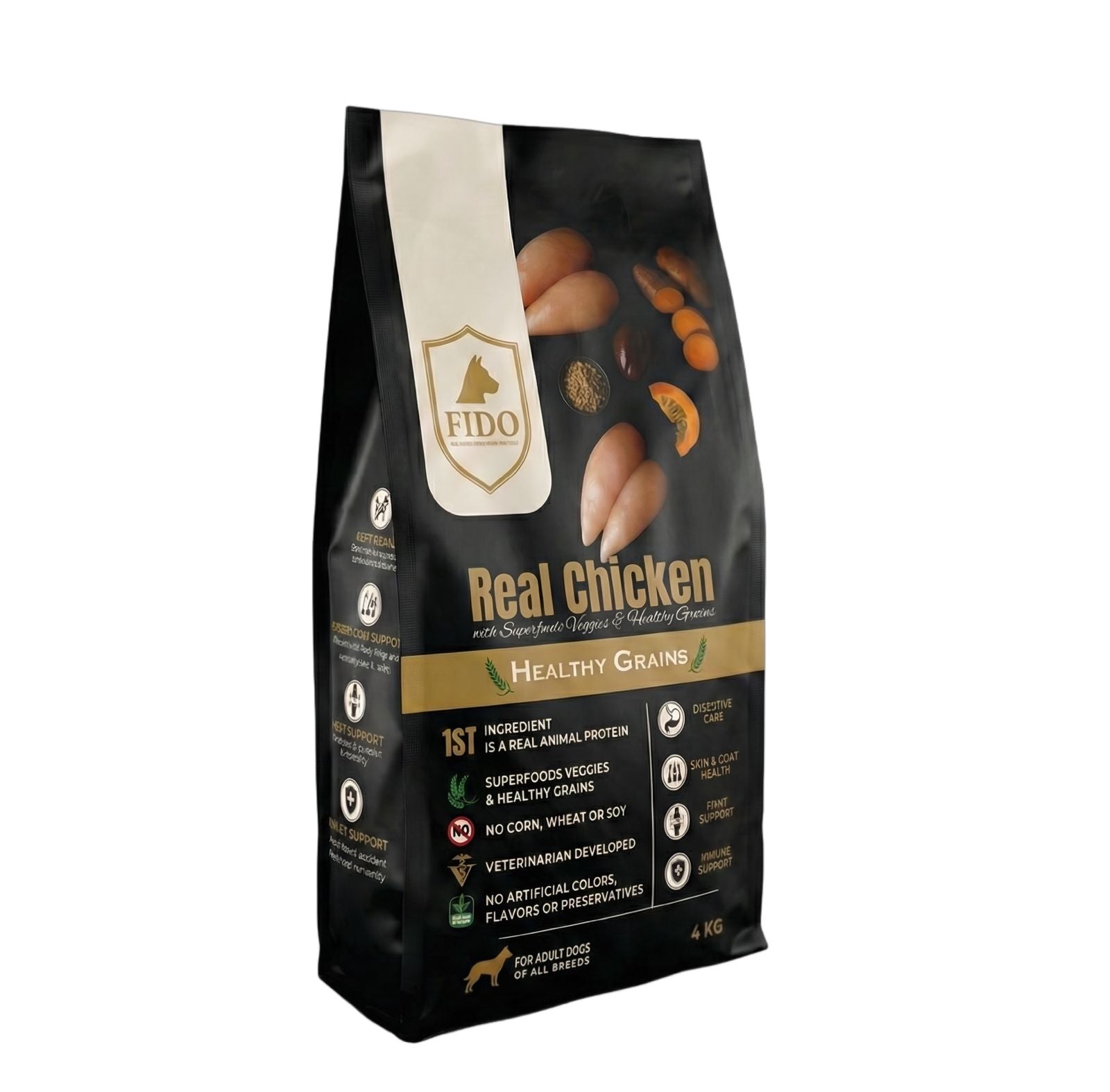 FIDO Premium Dry Food for Adult Dogs (All Breeds) - Real Chicken with Healthy Grains - 4 kg